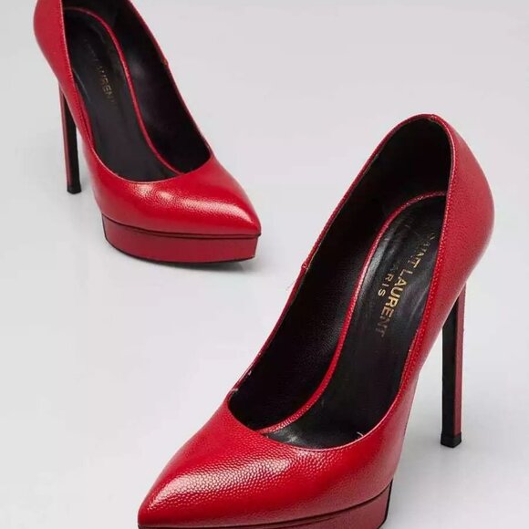 Yves Saint Laurent Shoes - Yves Saint Laurent Red Pebbled Leather Janis Pumps Size 4.5/35
